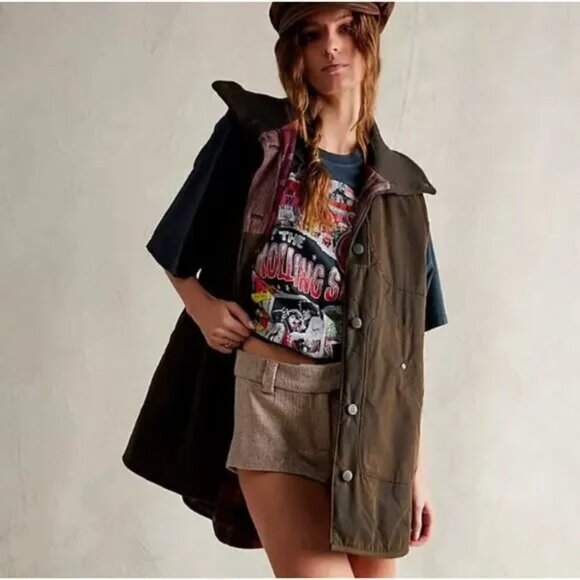 Free People WTF Benny Waxed Vest, Olive M - Picture 1 of 10
